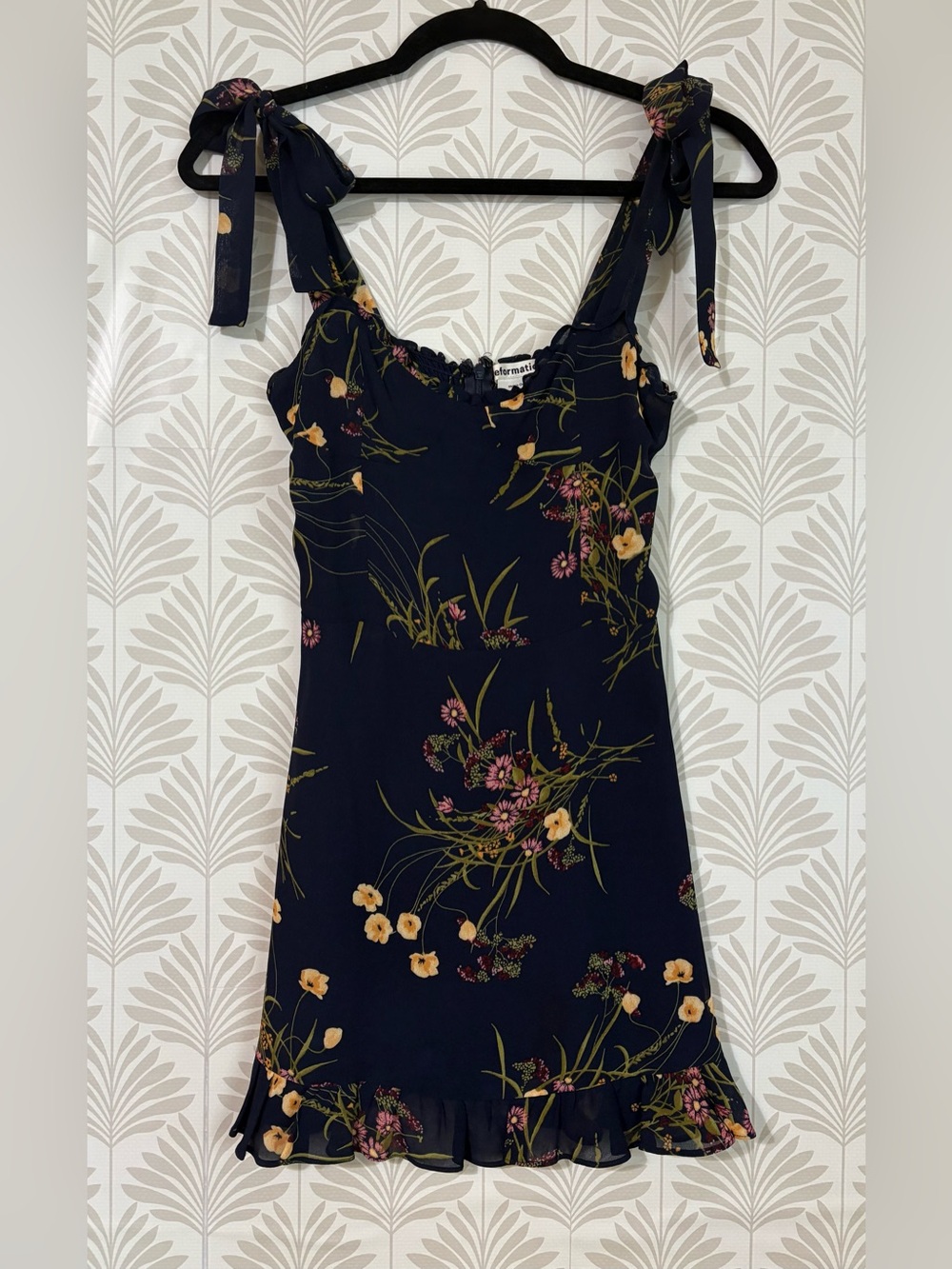 Reformation Christine Navy Floral Tie Strap Ruffle Mini Dress